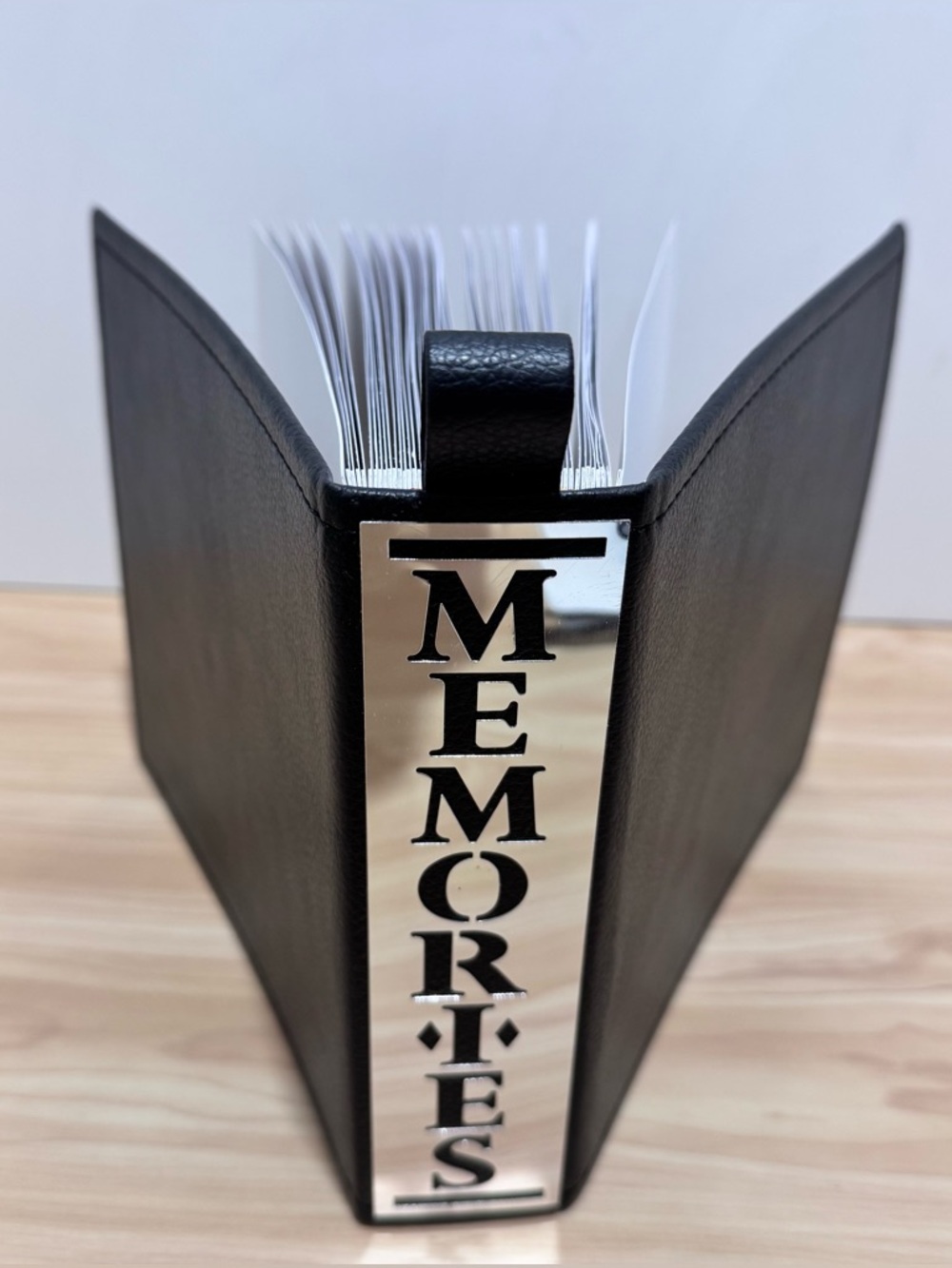 MEMORIES Photo Album Holds 100 4x6 Photos w/area for notes Black Faux Leather